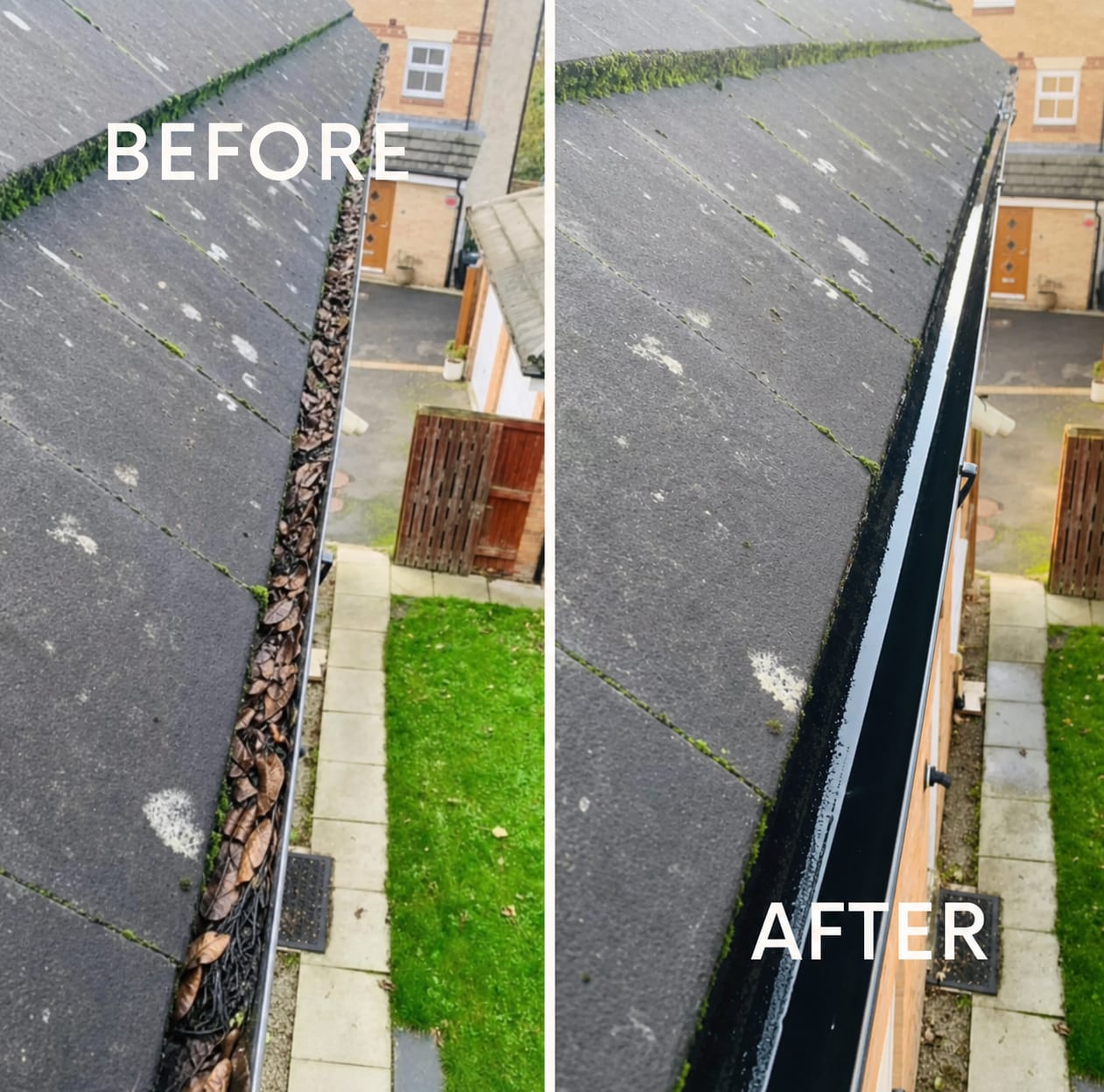 Before and after of a Sheffield gutter packed with leaves, cleared to a clean run