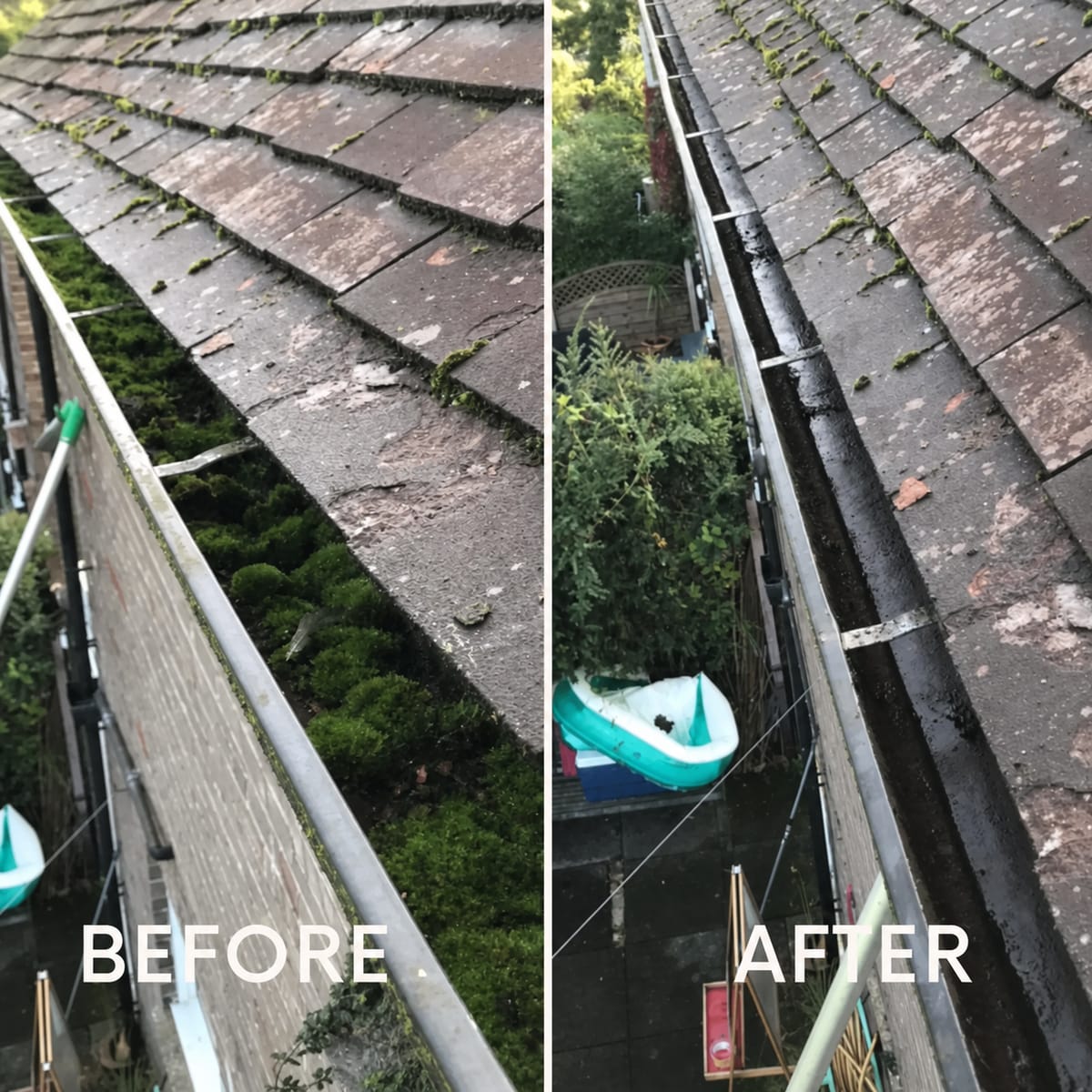 Before and after of a Sheffield gutter thick with moss, vacuumed clean