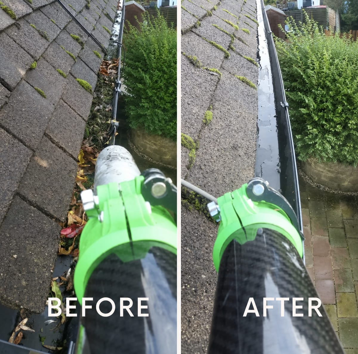 Before and after of a Sheffield gutter with moss and leaves on a slate roof, vacuumed clean